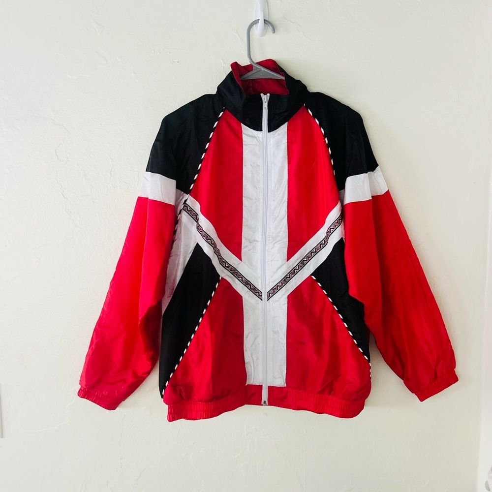 Vintage 90s Red White Blue Windbreaker Jacket Track Jacket Size M - Picture 2 of 7